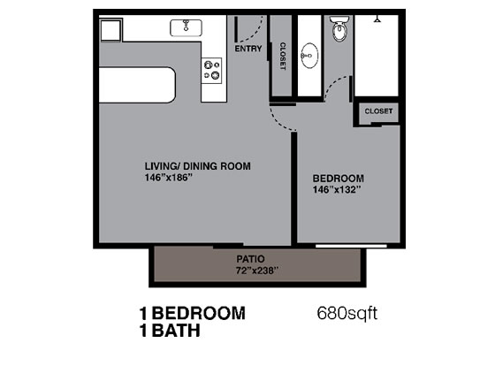 1 Bedroom, 1 Bath, 680 sq. ft.