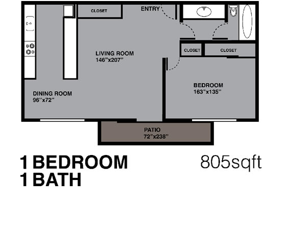 1 Bedroom, 1 Bath, 805 sq. ft. 