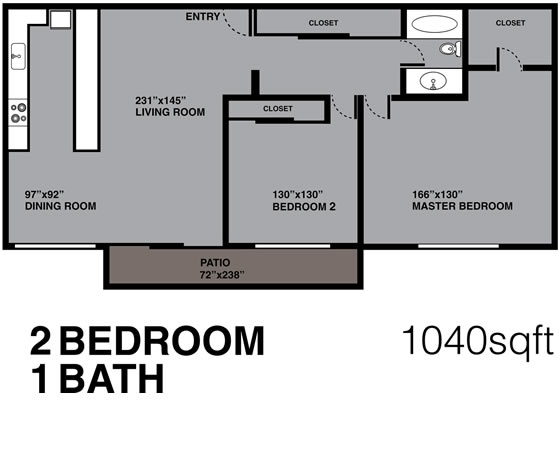 2 Bedroom, 1 Bath, 1040 sq. ft.