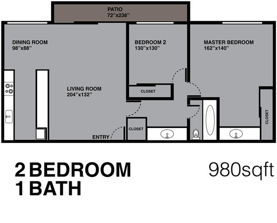 2 Bedrooms, 1 Bath, 980 sq. ft. 