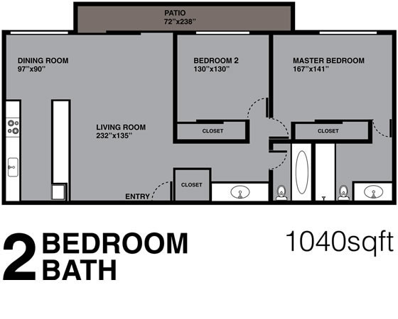 2 Bedroom, 2 Bath, 1040 sq ft